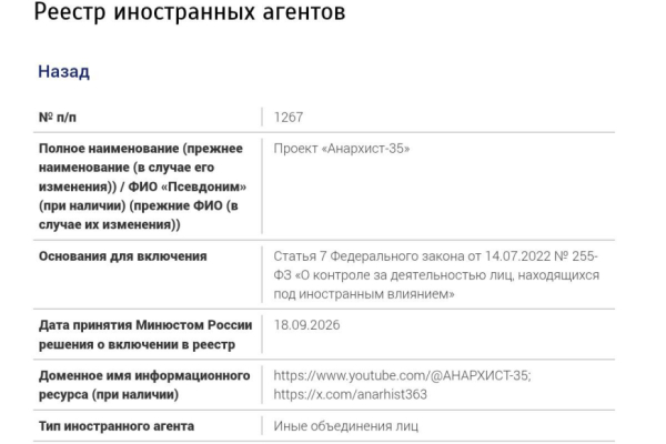 Минюст РФ признал «аффилированным лицом» с «иноагентом "Анархист-35"» правого видеоблогера Вячеслава Мальцева