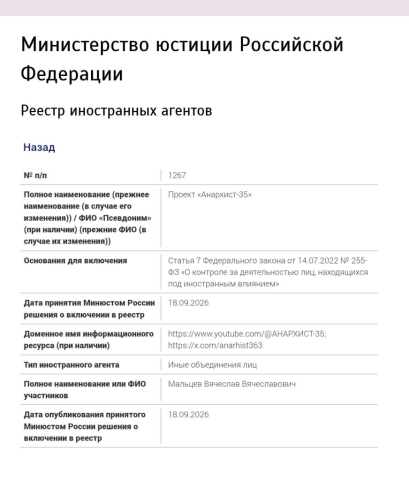 Минюст РФ признал «аффилированным лицом» с «иноагентом "Анархист-35"» правого видеоблогера Вячеслава Мальцева