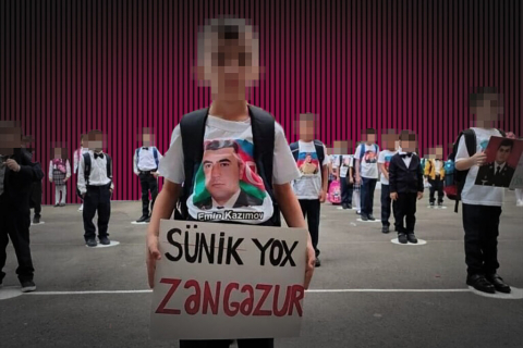  Ребёнок держит плакат с надписью «Sünik yox Zangazur» («Не Сюник, а Зангезур»)